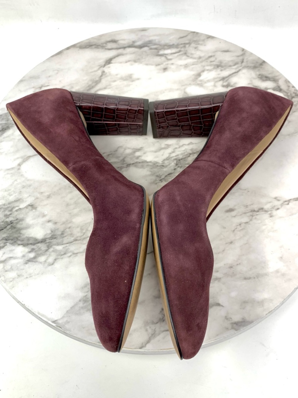 Essex Lane Margan Burgundy Suede Reptile Print Block Heel Pumps 8 Classic Preppy - Picture 7 of 15